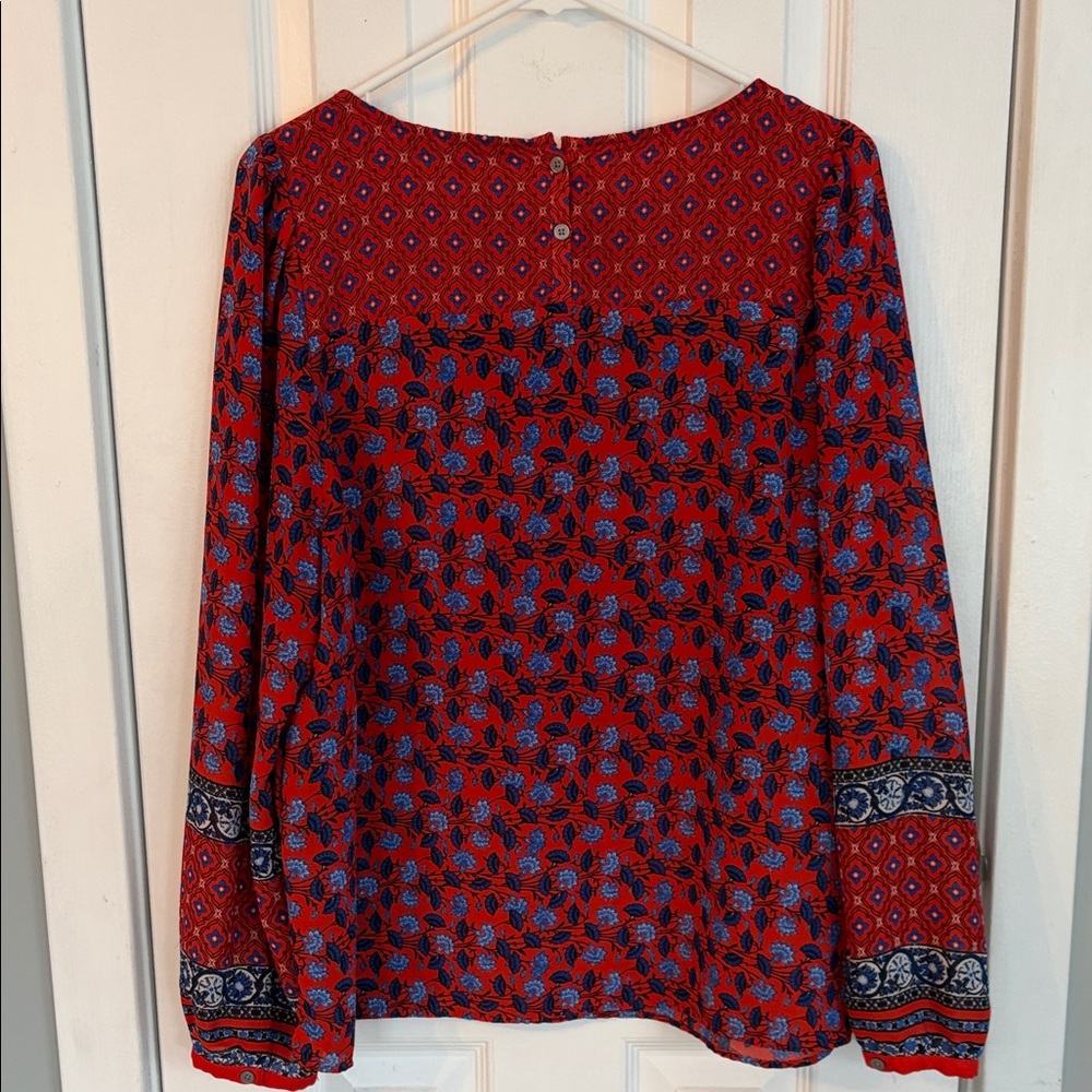 LOFT Vibrant Red and Blue Patterned Blouse - Picture 6 of 7